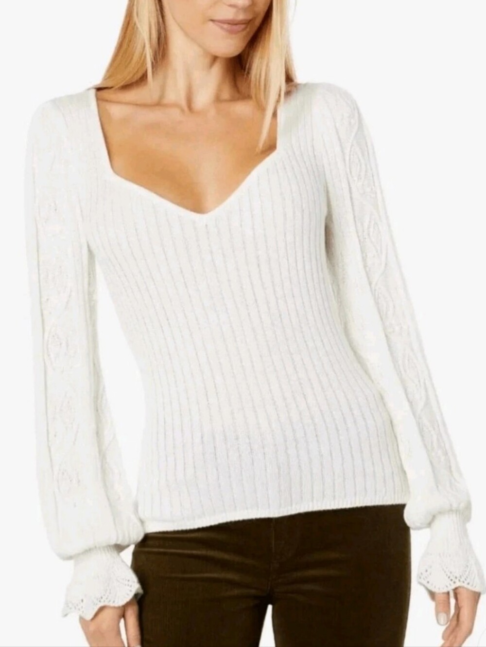 PAIGE Ivory V-Neck Ribbed Pullover with Bishop Sleeves